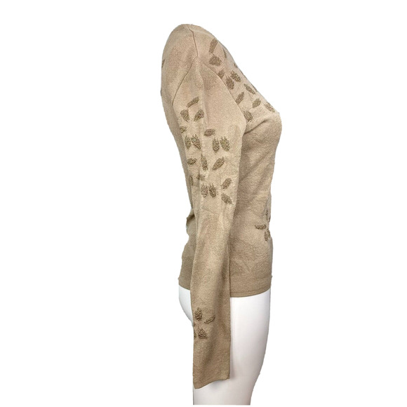 Tricot Chic Sweater Womens Sz 4 Beige Metallic‎ Knit Floral Long Sleeve Pullover - Picture 2 of 9